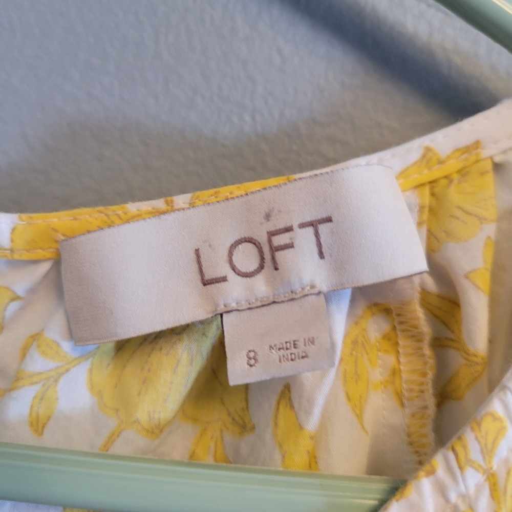 LOFT Yellow Floral Poplin Mini Dress Shirred Cotton Cottagecore Women’s 8 Summer - Picture 7 of 9